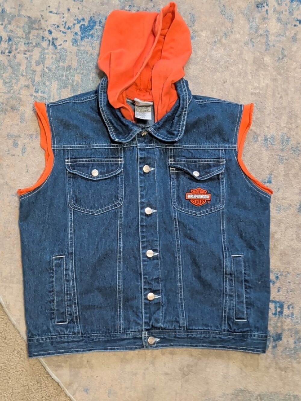 Harley-Davidson Orange Hooded Denim Jean Vest Men's Large (14/16) US New